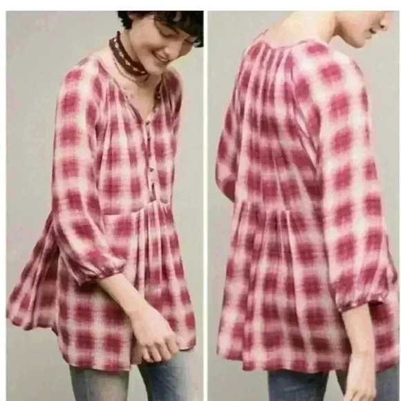 ANTHROPOLOGIE | Maeve Pink Plaid Peplum Boho Peasant Tunic Blouse | Medium - Picture 1 of 7